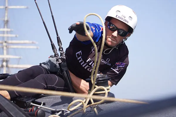 Blair Tuke clears the lines onboard Emirates Team New Zealand on race day two of Louis Vuitton America's Cup World Series Oman. ©: Hamish Hooper / Emirates Team New Zealand