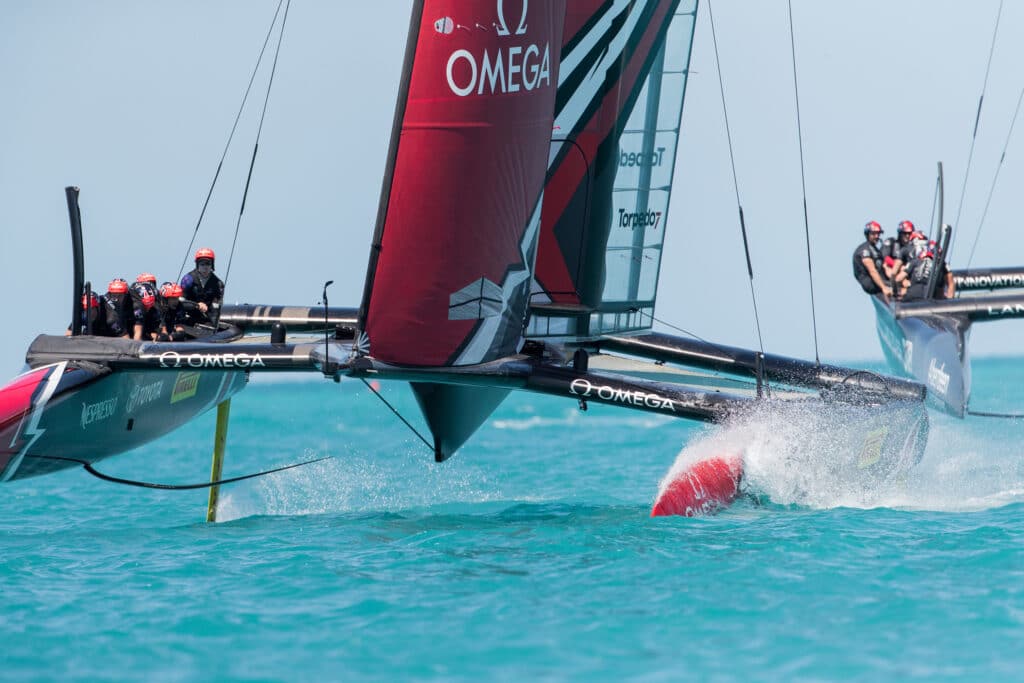 Emirates Team New Zealand sailing on Bermuda's Great Sound practice racing in the lead up to the 35th America's Cup. © Richard Hodder